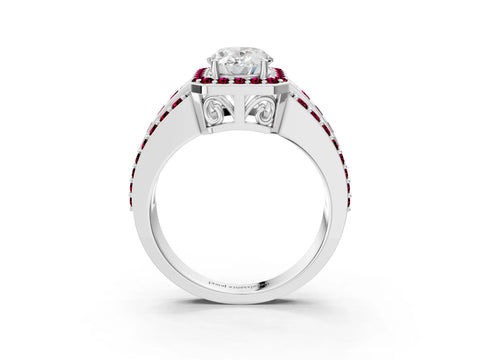 White gold Oval Cut Halo Diamond Ring with Round with Garnet side stone Split Shank and Prong Setting_15