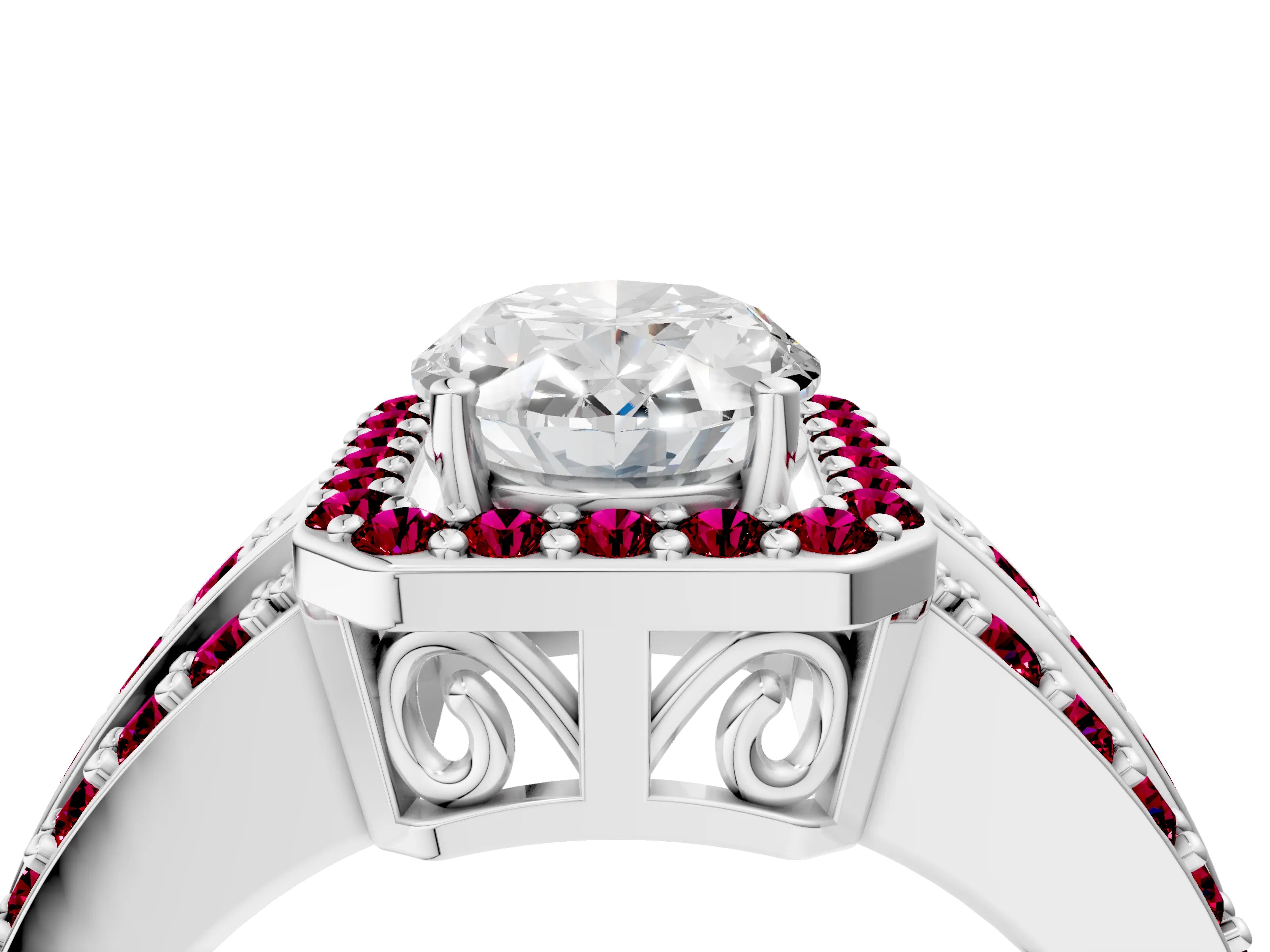 White gold Oval Cut Halo Diamond Ring with Round with Garnet side stone Split Shank and Prong Setting_16