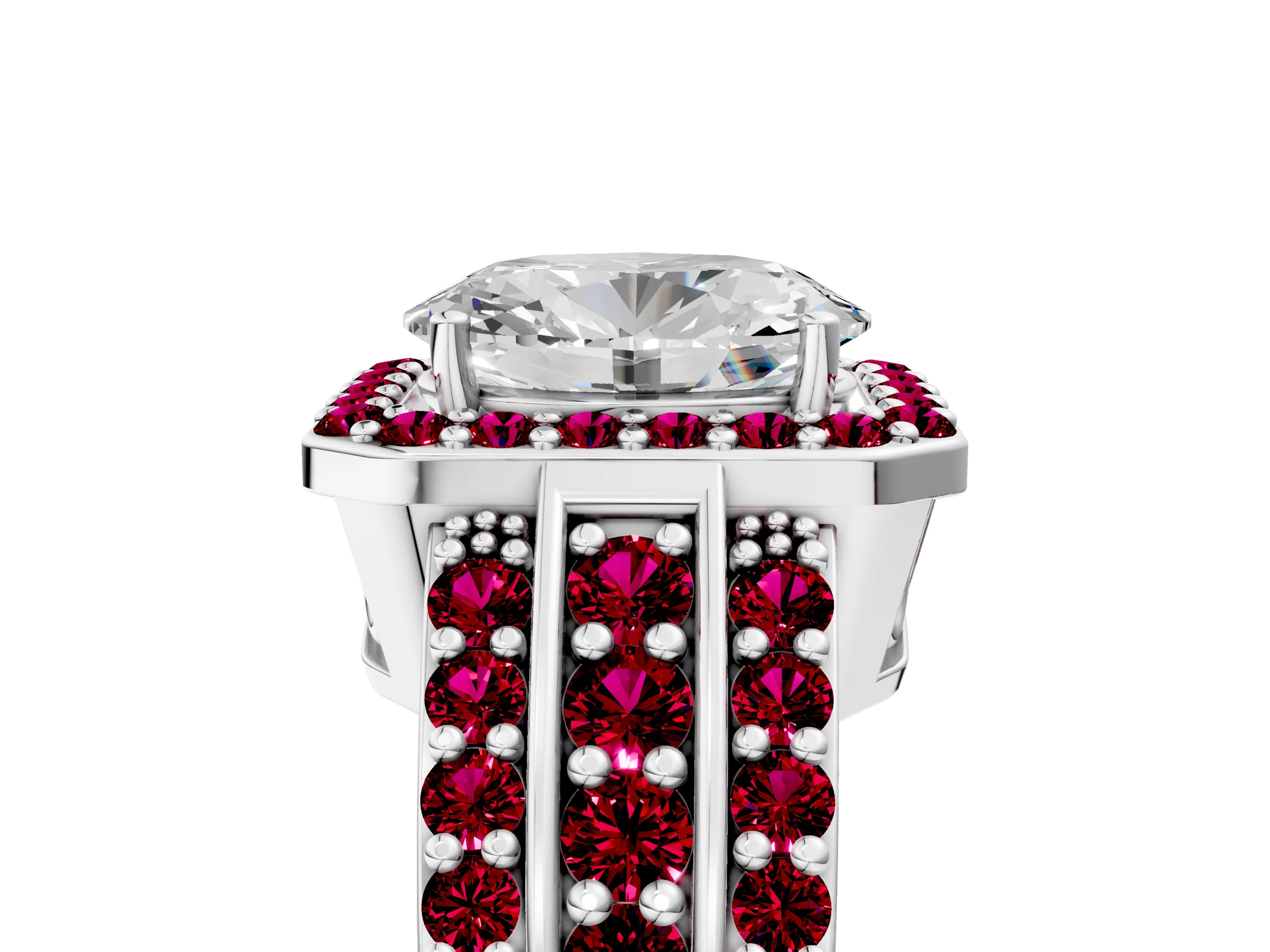White gold Oval Cut Halo Diamond Ring with Round with Garnet side stone Split Shank and Prong Setting_17