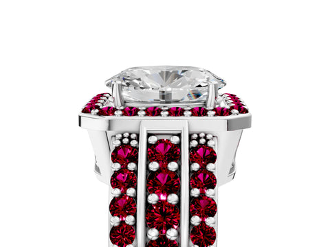White gold Oval Cut Halo Diamond Ring with Round with Garnet side stone Split Shank and Prong Setting_17