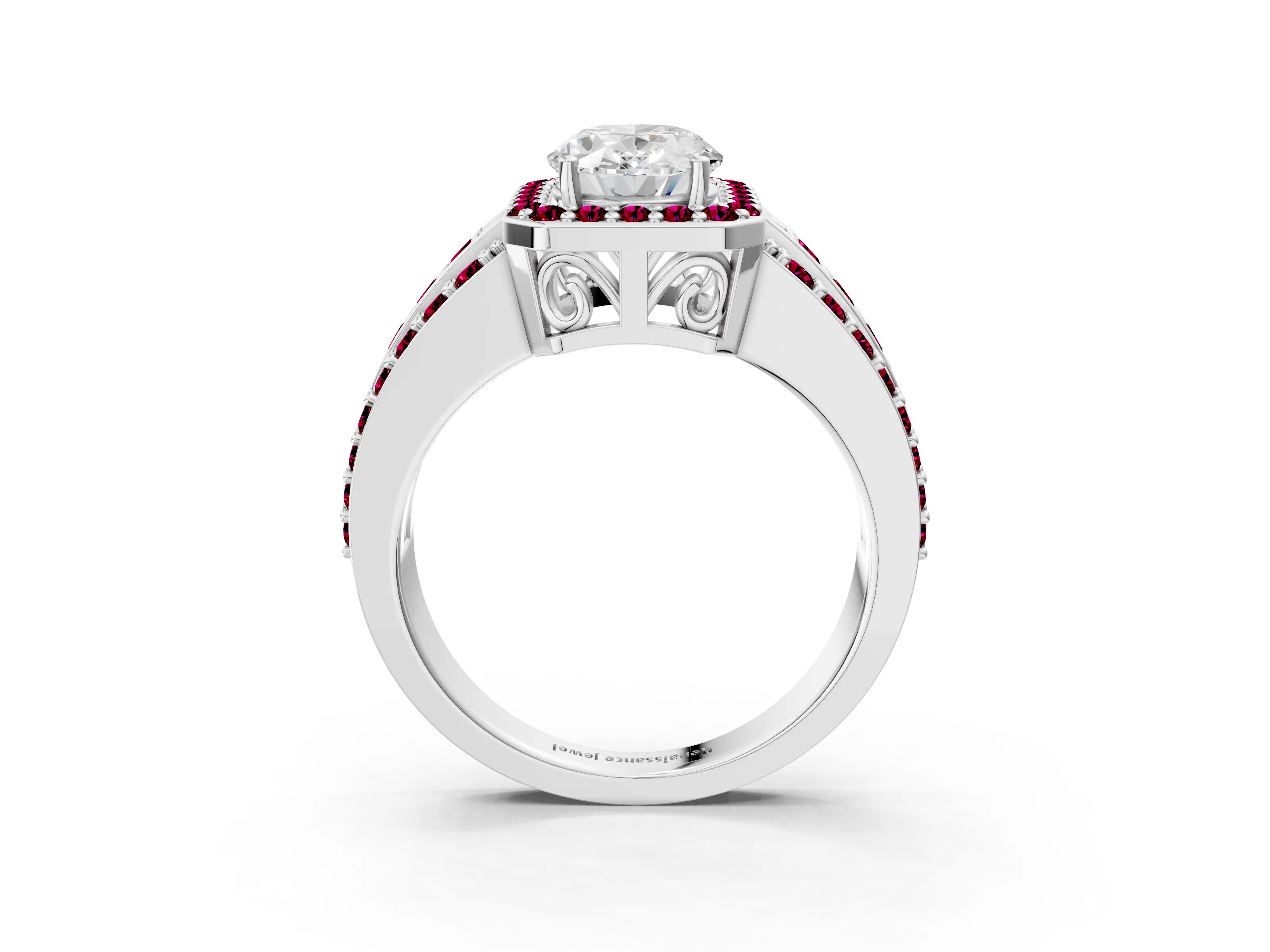 White gold Oval Cut Halo Diamond Ring with Round with Garnet side stone Split Shank and Prong Setting_39