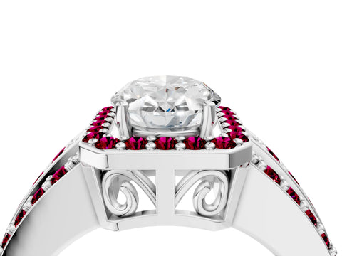 White gold Oval Cut Halo Diamond Ring with Round with Garnet side stone Split Shank and Prong Setting_40
