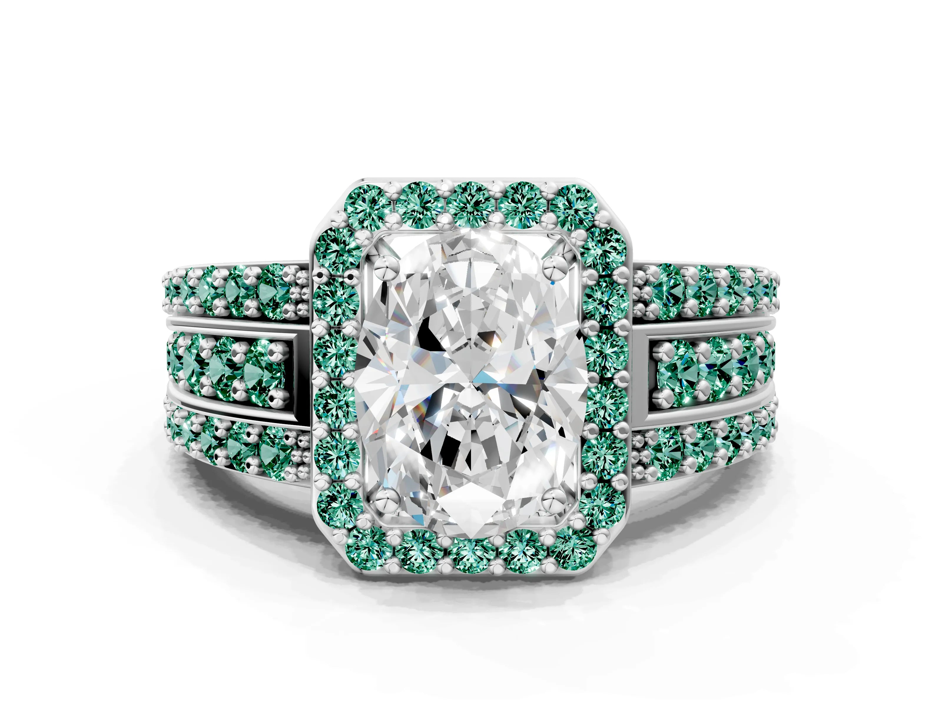 White gold Oval Cut Halo Diamond Ring with Round with Green Sapphire side stone Split Shank and Prong Setting_24