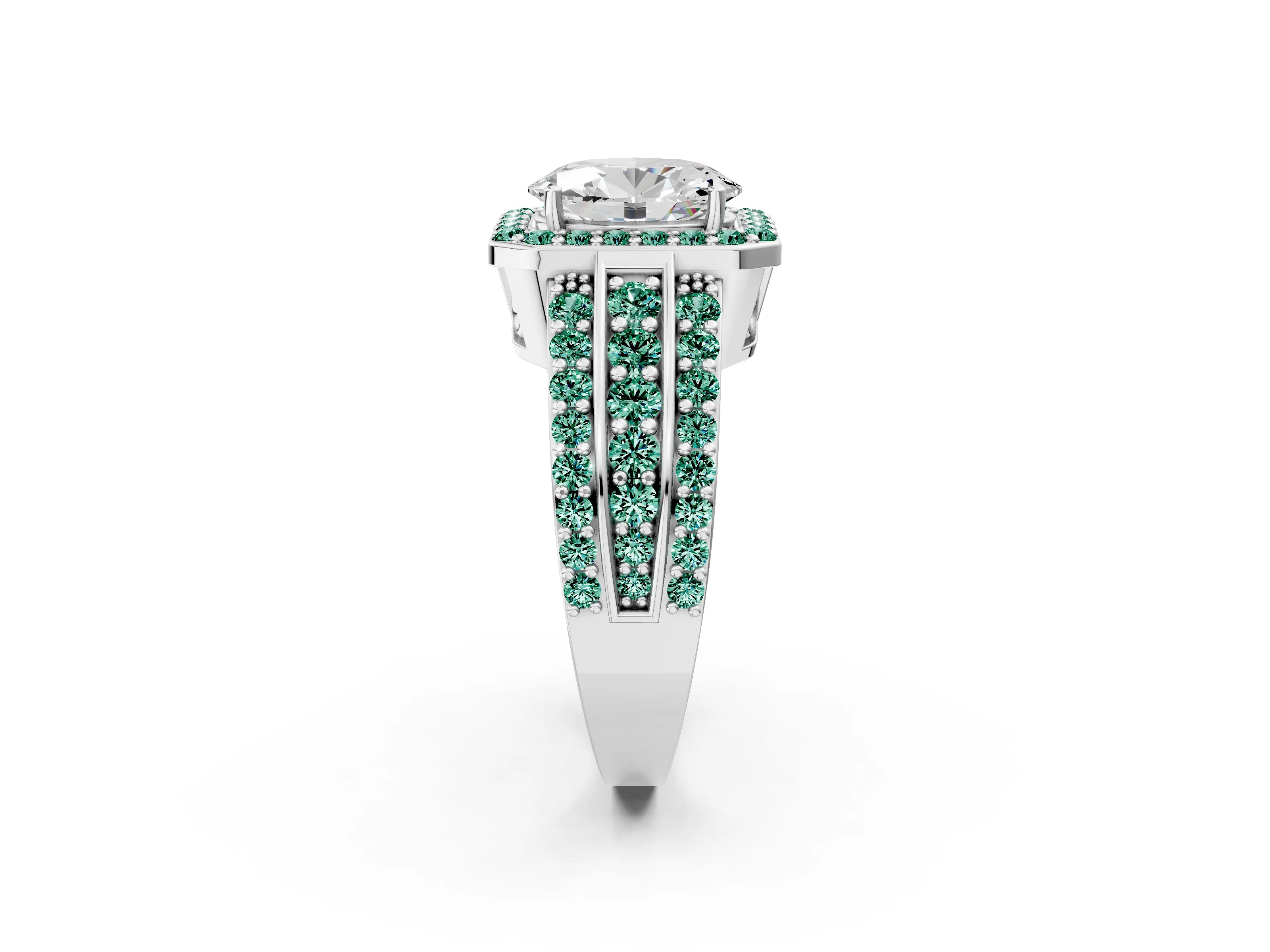 White gold Oval Cut Halo Diamond Ring with Round with Green Sapphire side stone Split Shank and Prong Setting_26