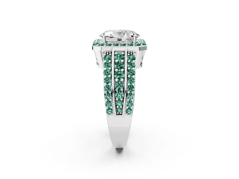 White gold Oval Cut Halo Diamond Ring with Round with Green Sapphire side stone Split Shank and Prong Setting_26