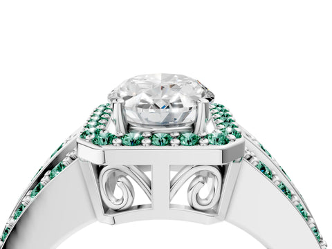 White gold Oval Cut Halo Diamond Ring with Round with Green Sapphire side stone Split Shank and Prong Setting_28