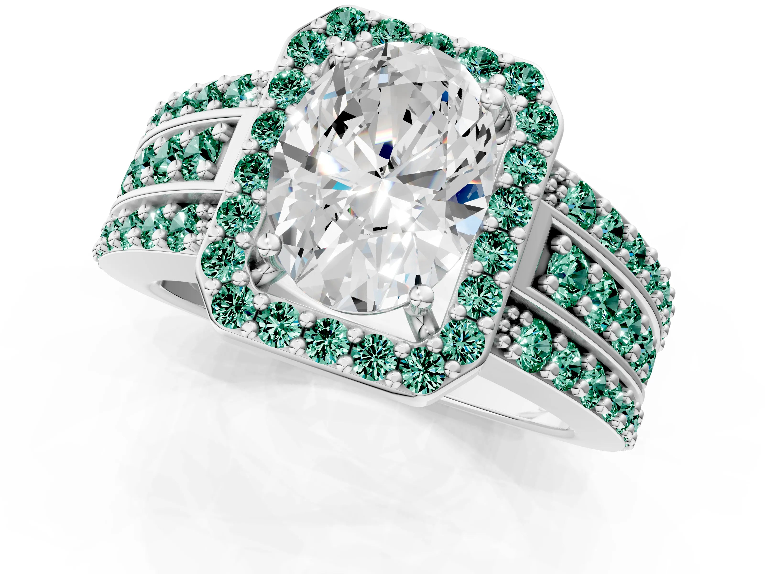 White gold Oval Cut Halo Diamond Ring with Round with Green Sapphire side stone Split Shank and Prong Setting_33