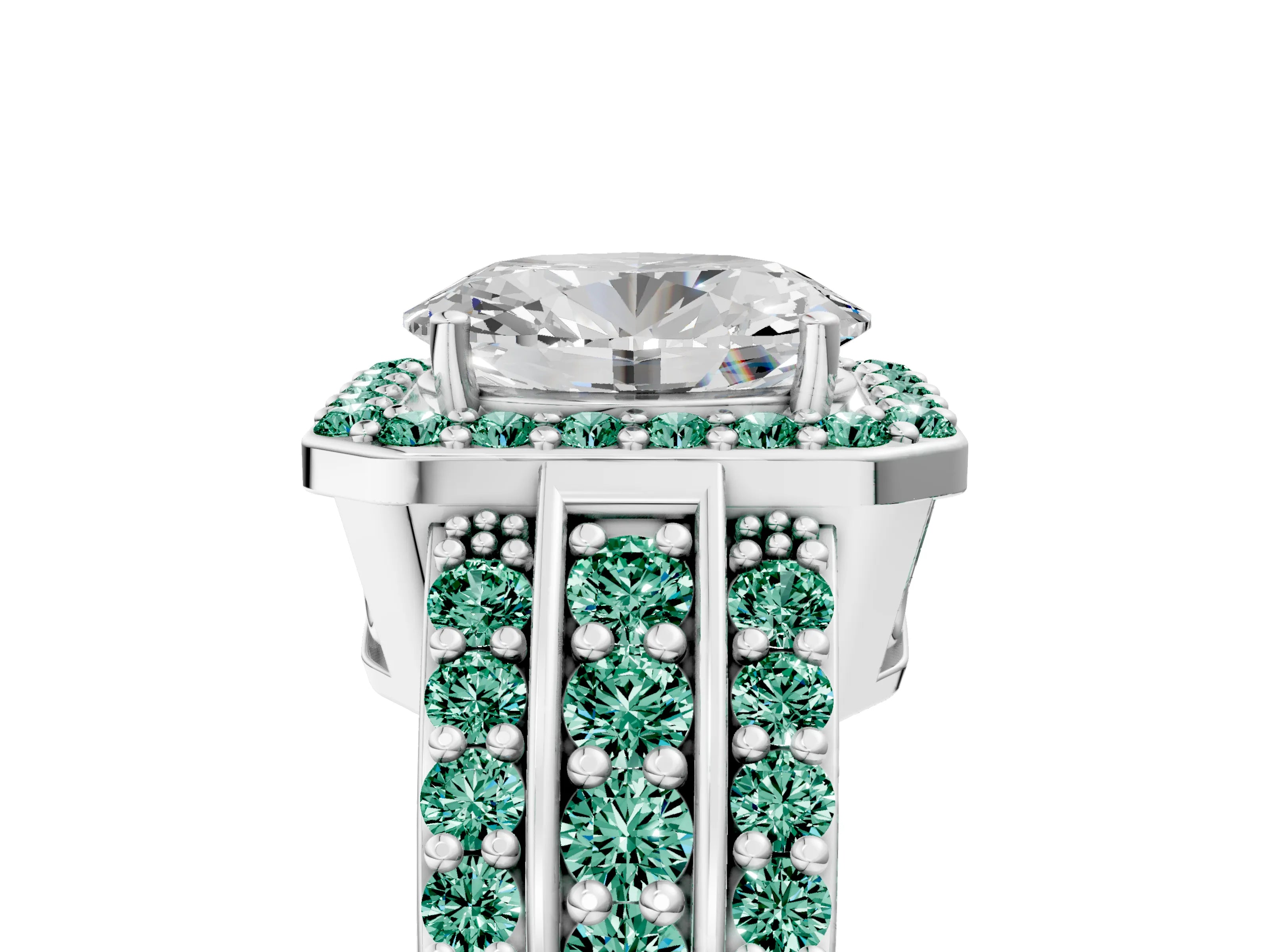 White gold Oval Cut Halo Diamond Ring with Round with Green Sapphire side stone Split Shank and Prong Setting_37