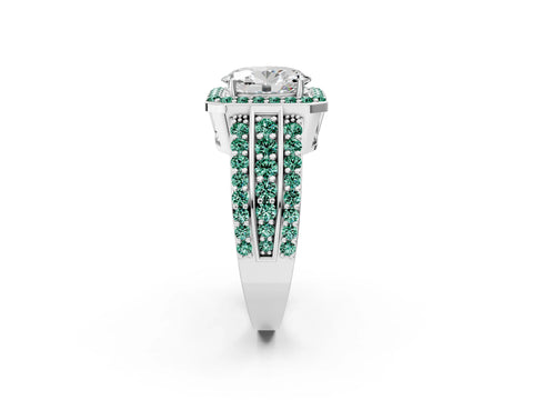 White gold Oval Cut Halo Diamond Ring with Round with Green Sapphire side stone Split Shank and Prong Setting_38