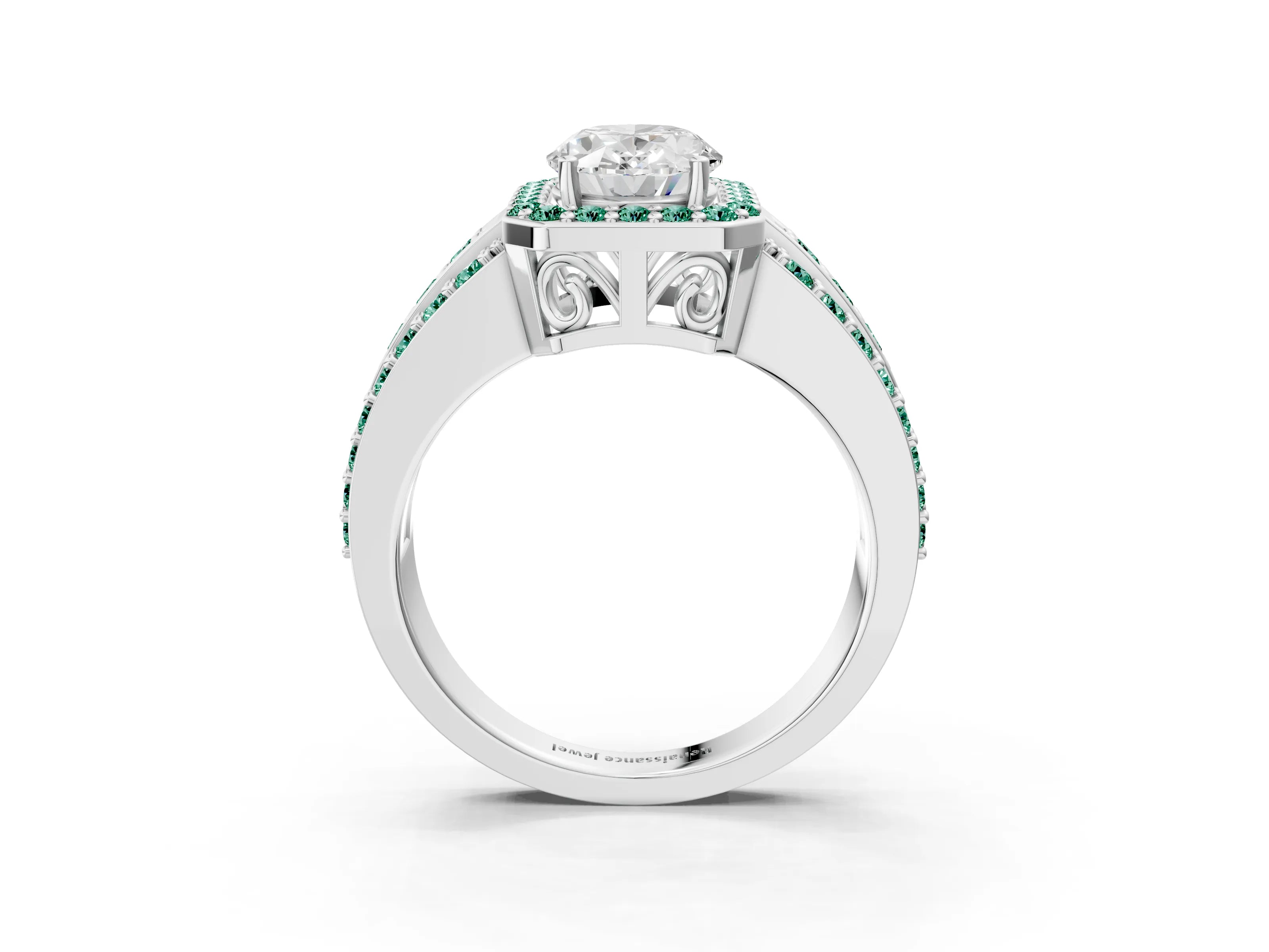 White gold Oval Cut Halo Diamond Ring with Round with Green Sapphire side stone Split Shank and Prong Setting_39