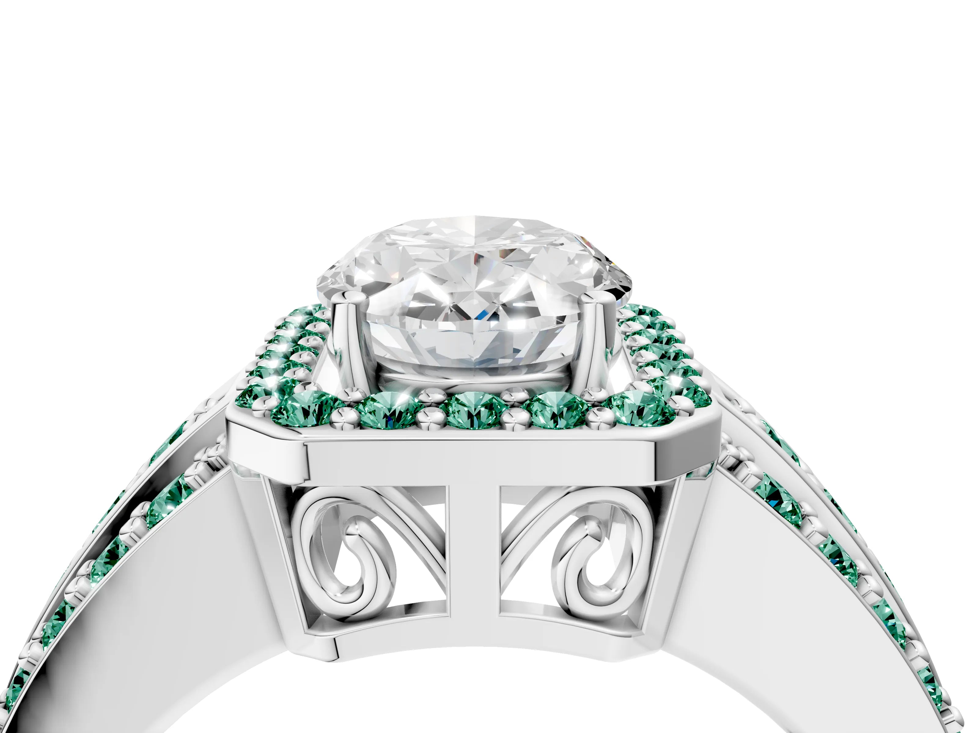 White gold Oval Cut Halo Diamond Ring with Round with Green Sapphire side stone Split Shank and Prong Setting_40