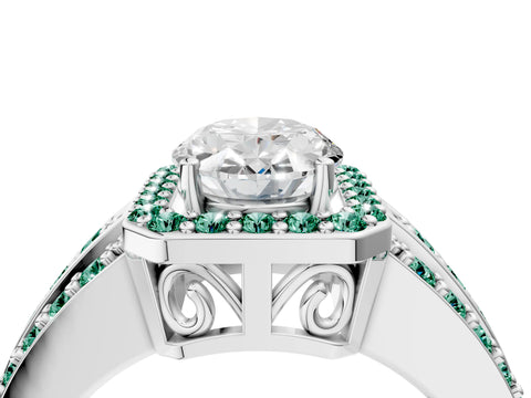 White gold Oval Cut Halo Diamond Ring with Round with Green Sapphire side stone Split Shank and Prong Setting_40