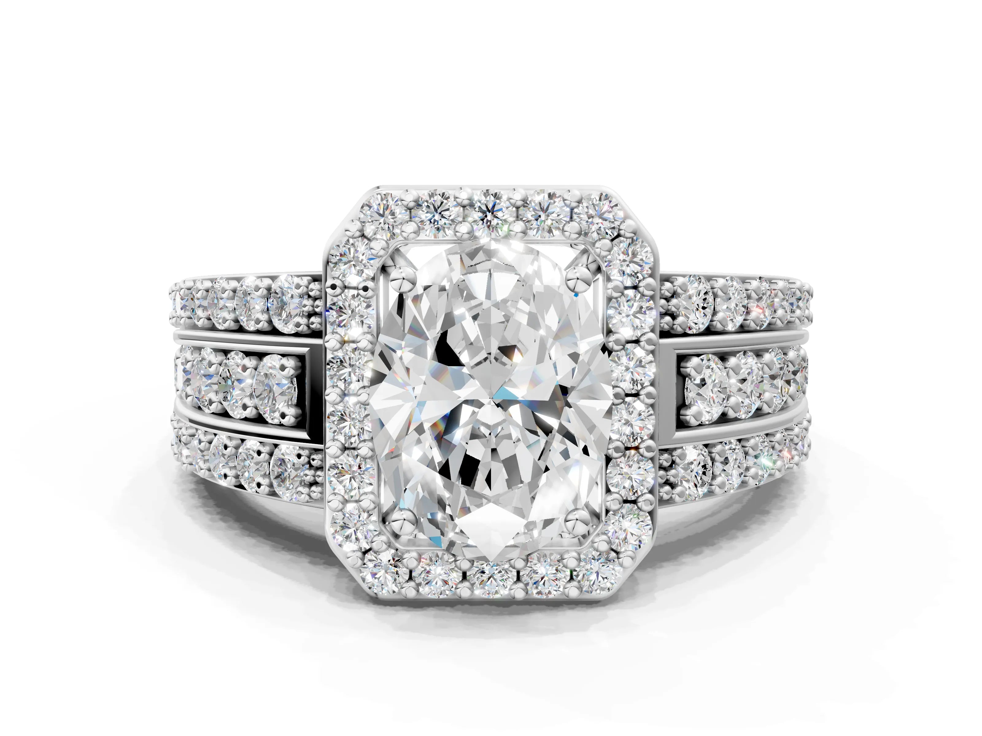 White gold Oval Cut Halo Diamond Ring with Round with Moissanite side stone Split Shank and Prong Setting_24