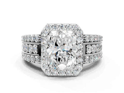 White gold Oval Cut Halo Diamond Ring with Round with Moissanite side stone Split Shank and Prong Setting_24