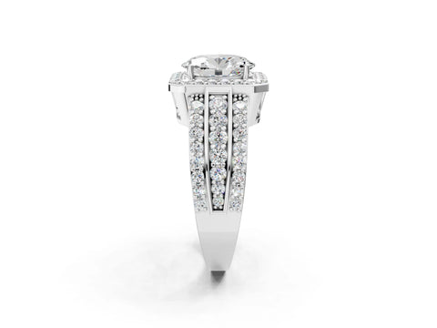 White gold Oval Cut Halo Diamond Ring with Round with Moissanite side stone Split Shank and Prong Setting_26