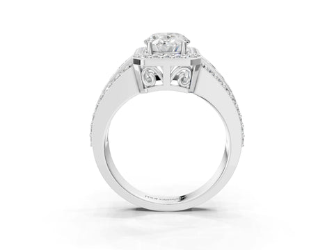 White gold Oval Cut Halo Diamond Ring with Round with Moissanite side stone Split Shank and Prong Setting_27