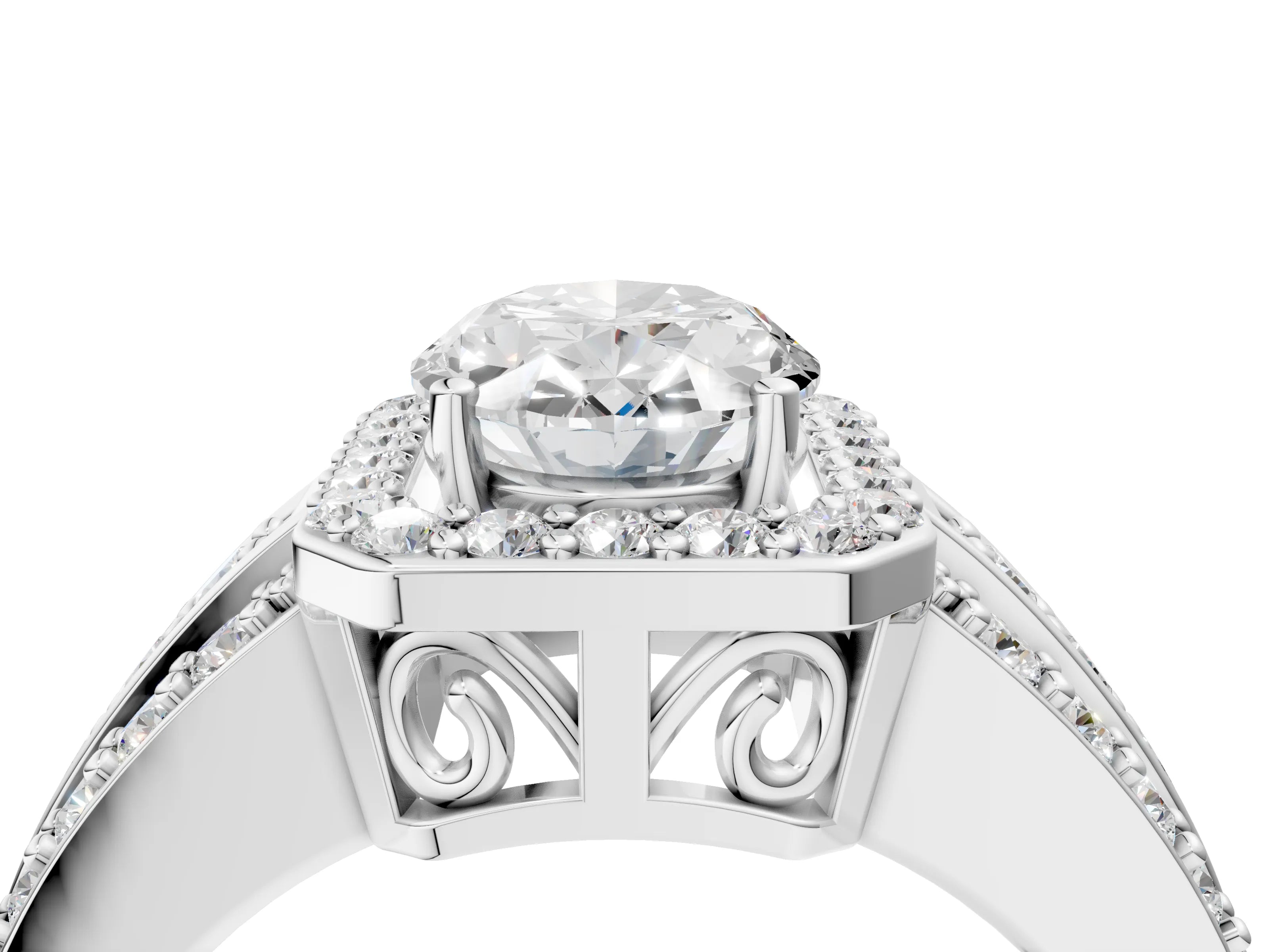 White gold Oval Cut Halo Diamond Ring with Round with Moissanite side stone Split Shank and Prong Setting_28