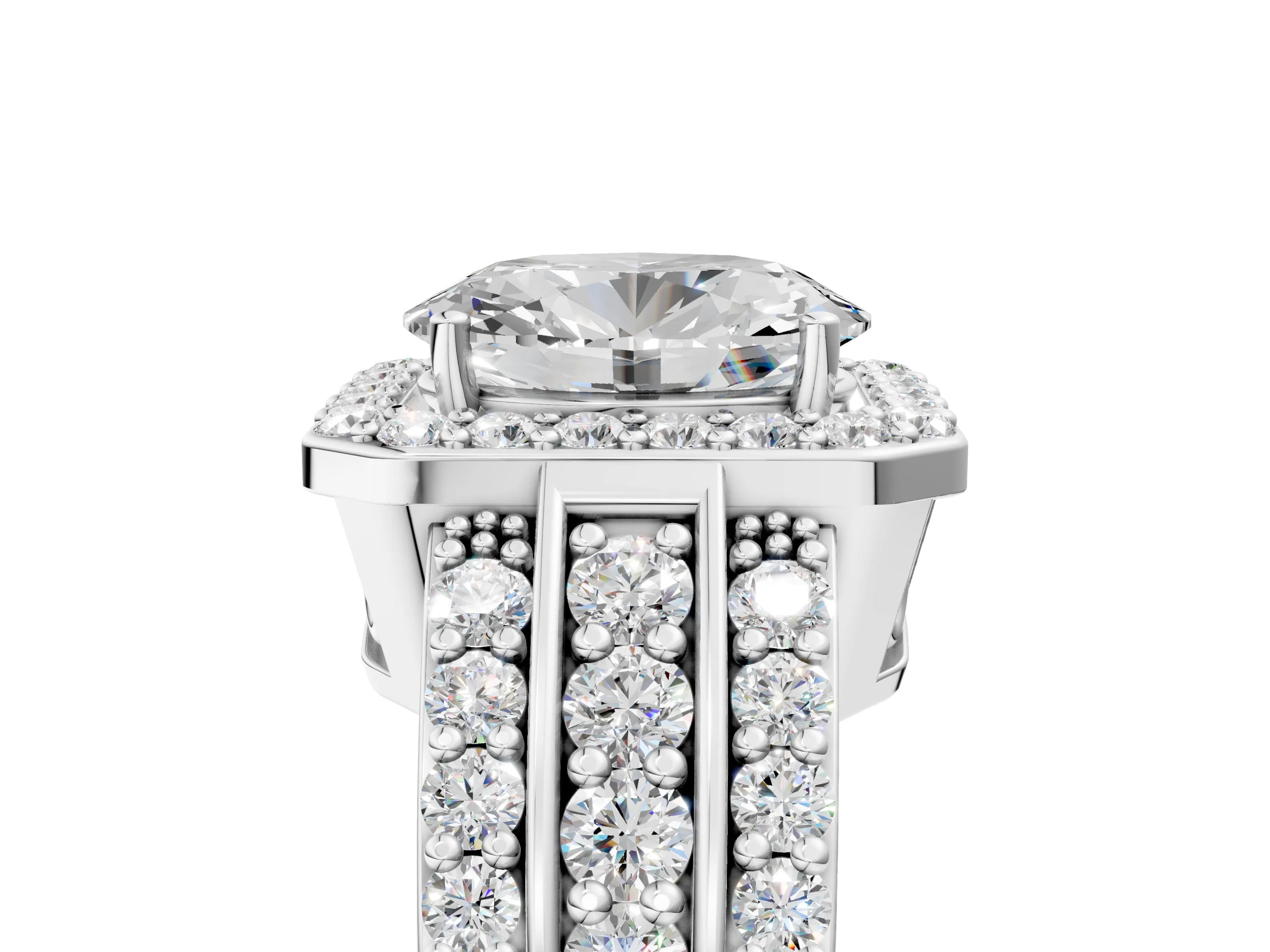White gold Oval Cut Halo Diamond Ring with Round with Moissanite side stone Split Shank and Prong Setting_29