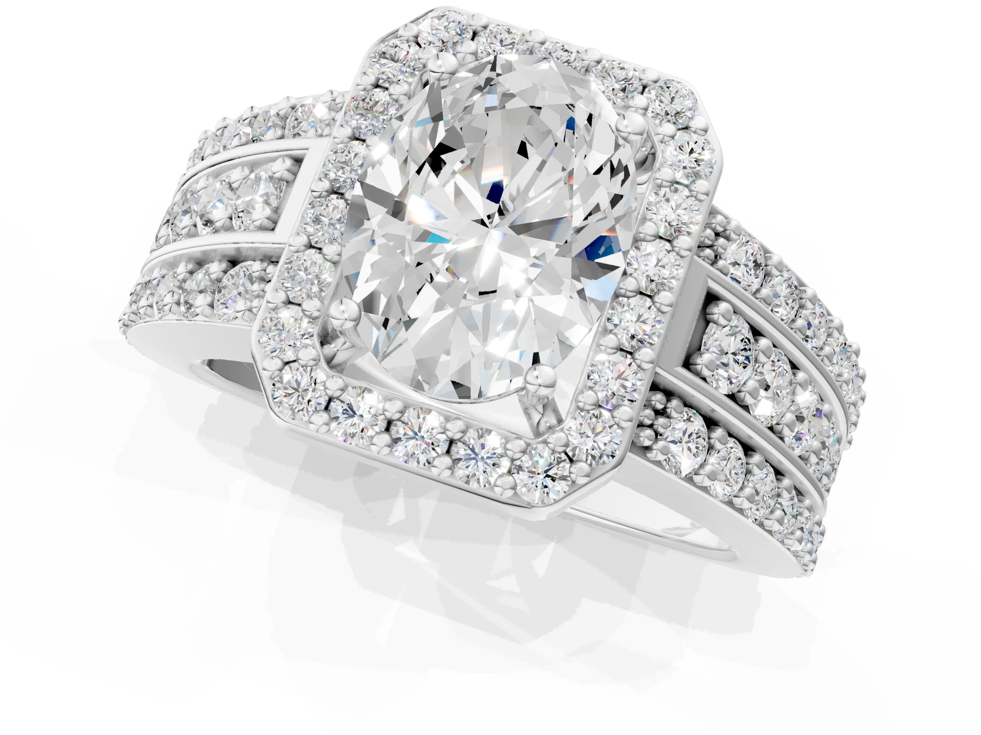 White gold Oval Cut Halo Diamond Ring with Round with Moissanite side stone Split Shank and Prong Setting_49