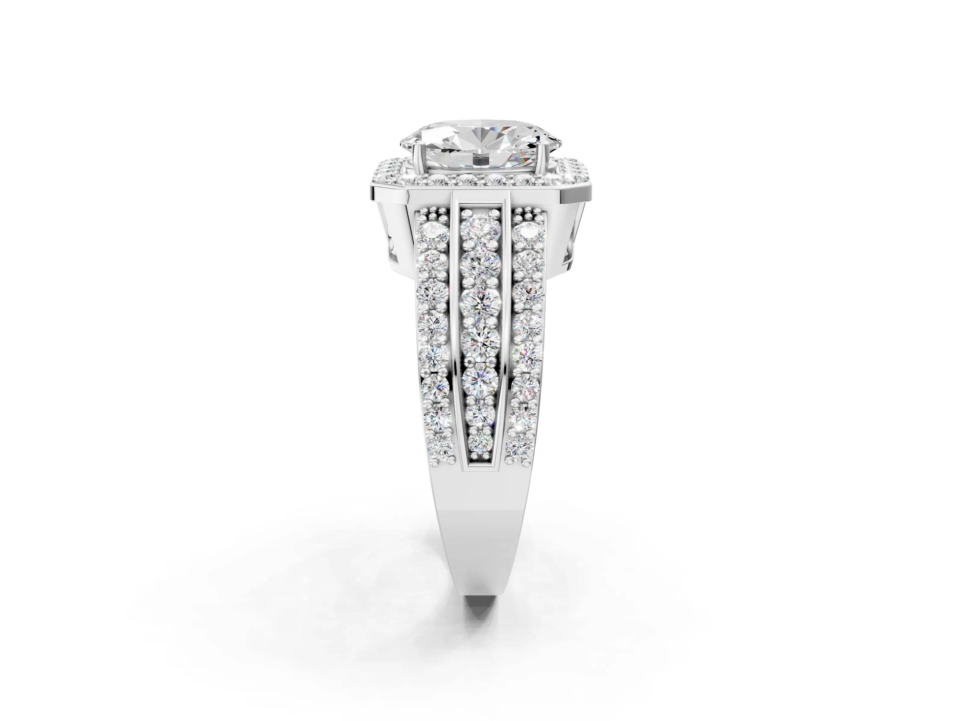 White gold Oval Cut Halo Diamond Ring with Round with Moissanite side stone Split Shank and Prong Setting_50