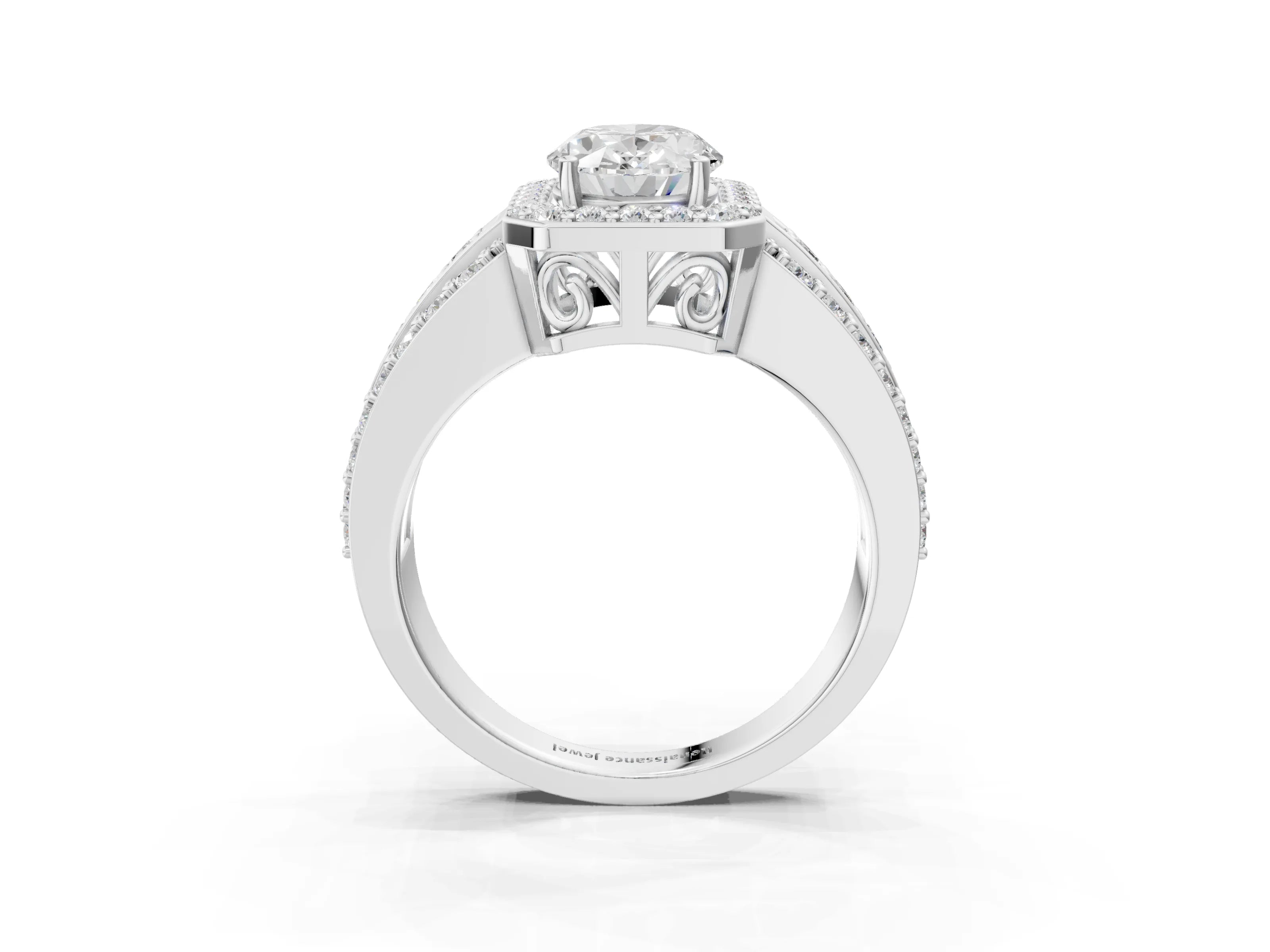 White gold Oval Cut Halo Diamond Ring with Round with Moissanite side stone Split Shank and Prong Setting_51