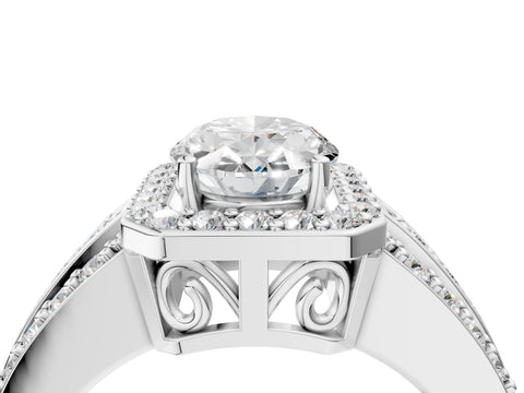 White gold Oval Cut Halo Diamond Ring with Round with Moissanite side stone Split Shank and Prong Setting_52