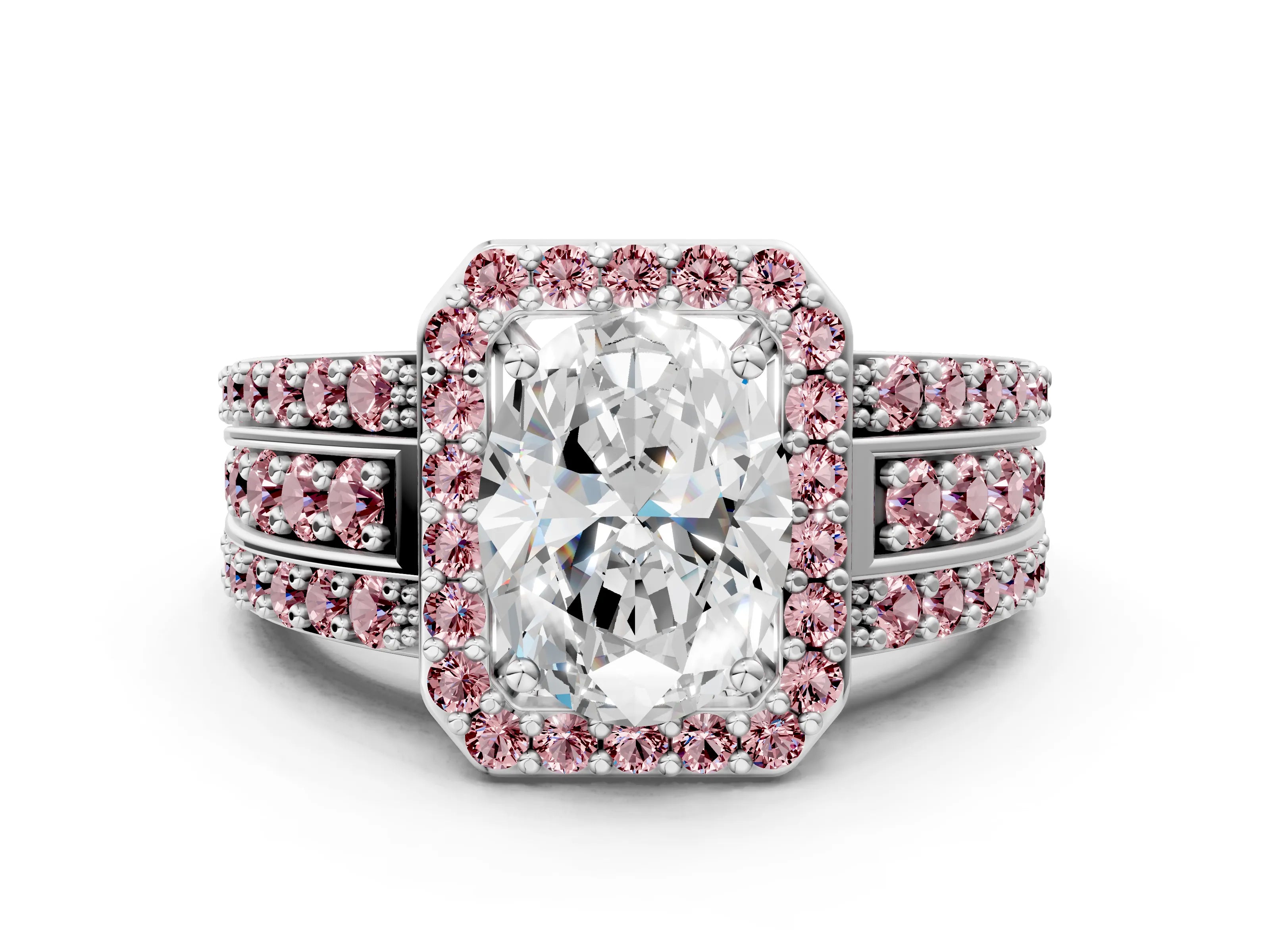 White gold Oval Cut Halo Diamond Ring with Round with Morganite side stone Split Shank and Prong Setting_24
