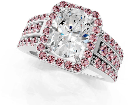 White gold Oval Cut Halo Diamond Ring with Round with Morganite side stone Split Shank and Prong Setting_25