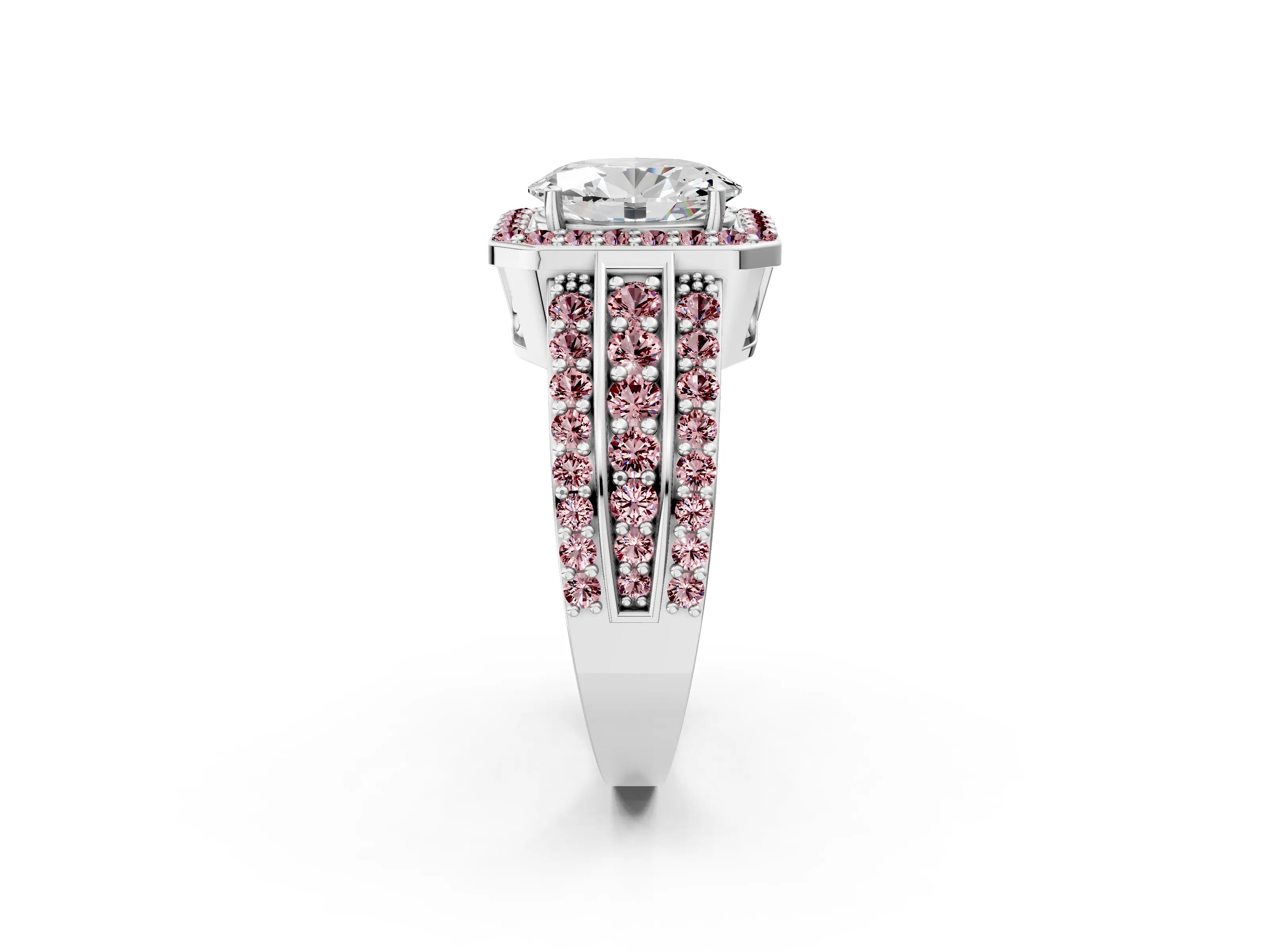 White gold Oval Cut Halo Diamond Ring with Round with Morganite side stone Split Shank and Prong Setting_26