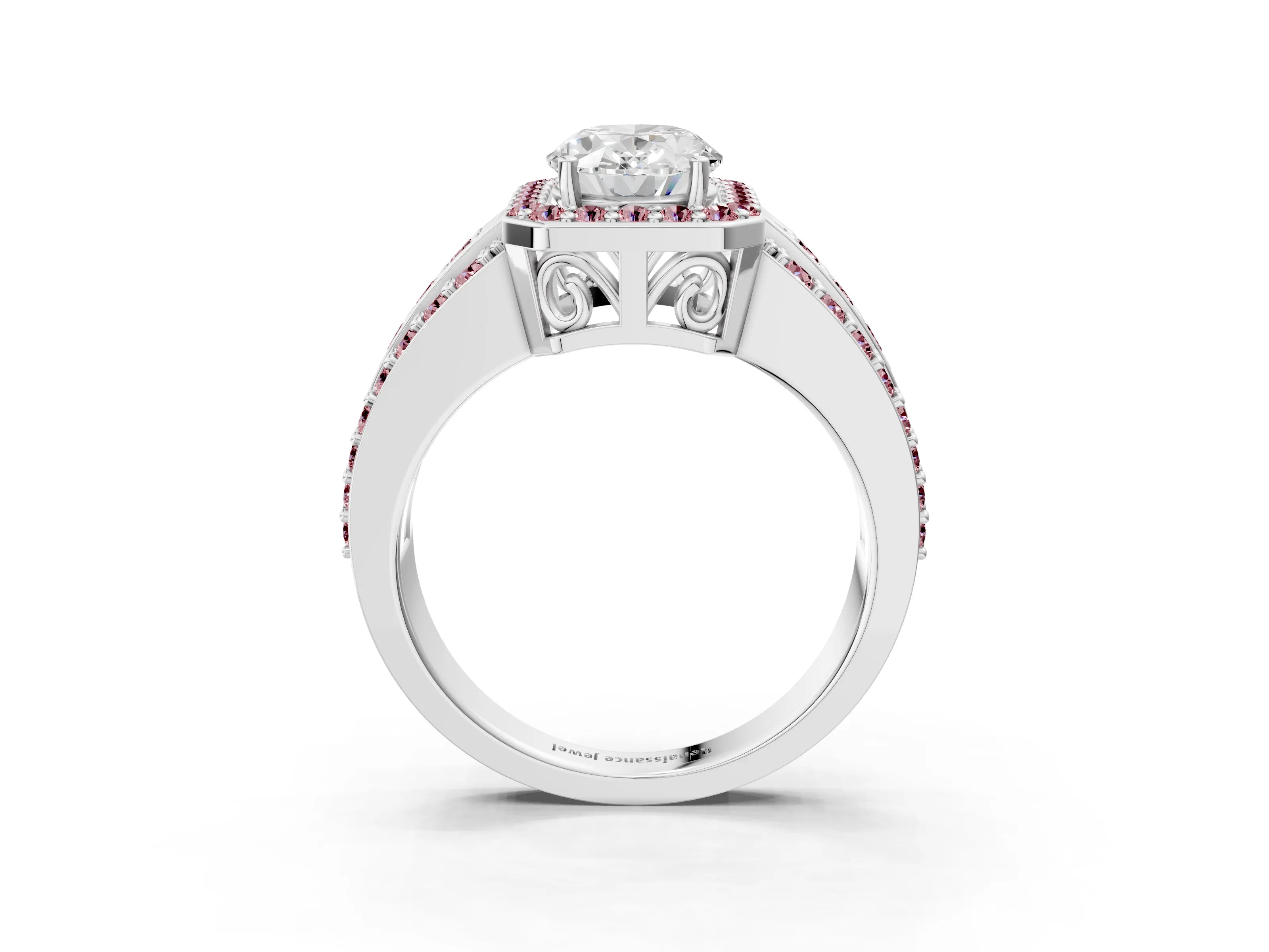 White gold Oval Cut Halo Diamond Ring with Round with Morganite side stone Split Shank and Prong Setting_27
