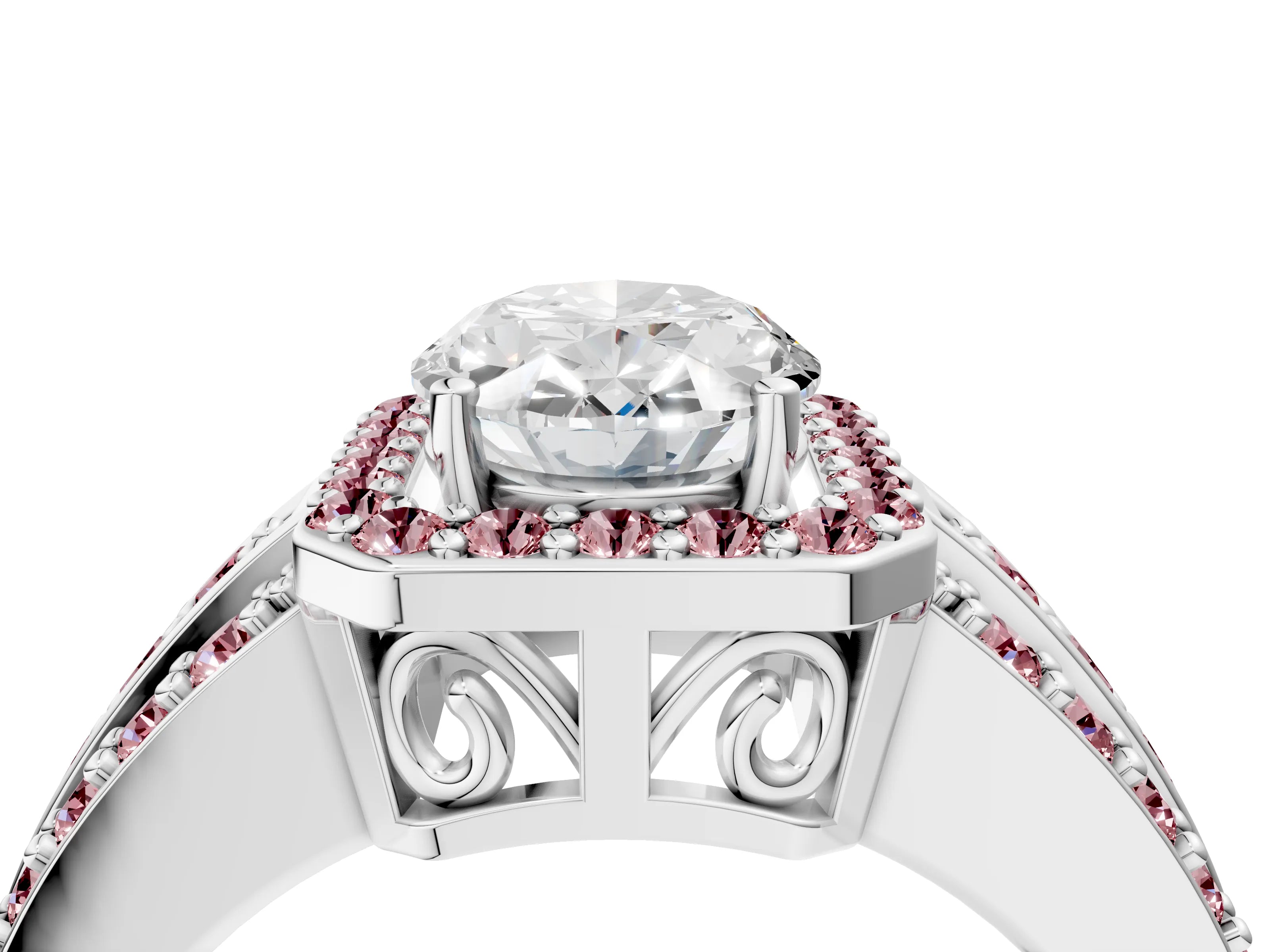 White gold Oval Cut Halo Diamond Ring with Round with Morganite side stone Split Shank and Prong Setting_28
