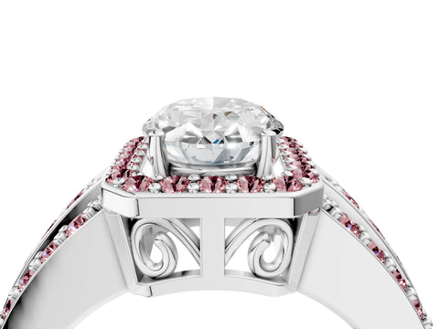 White gold Oval Cut Halo Diamond Ring with Round with Morganite side stone Split Shank and Prong Setting_28