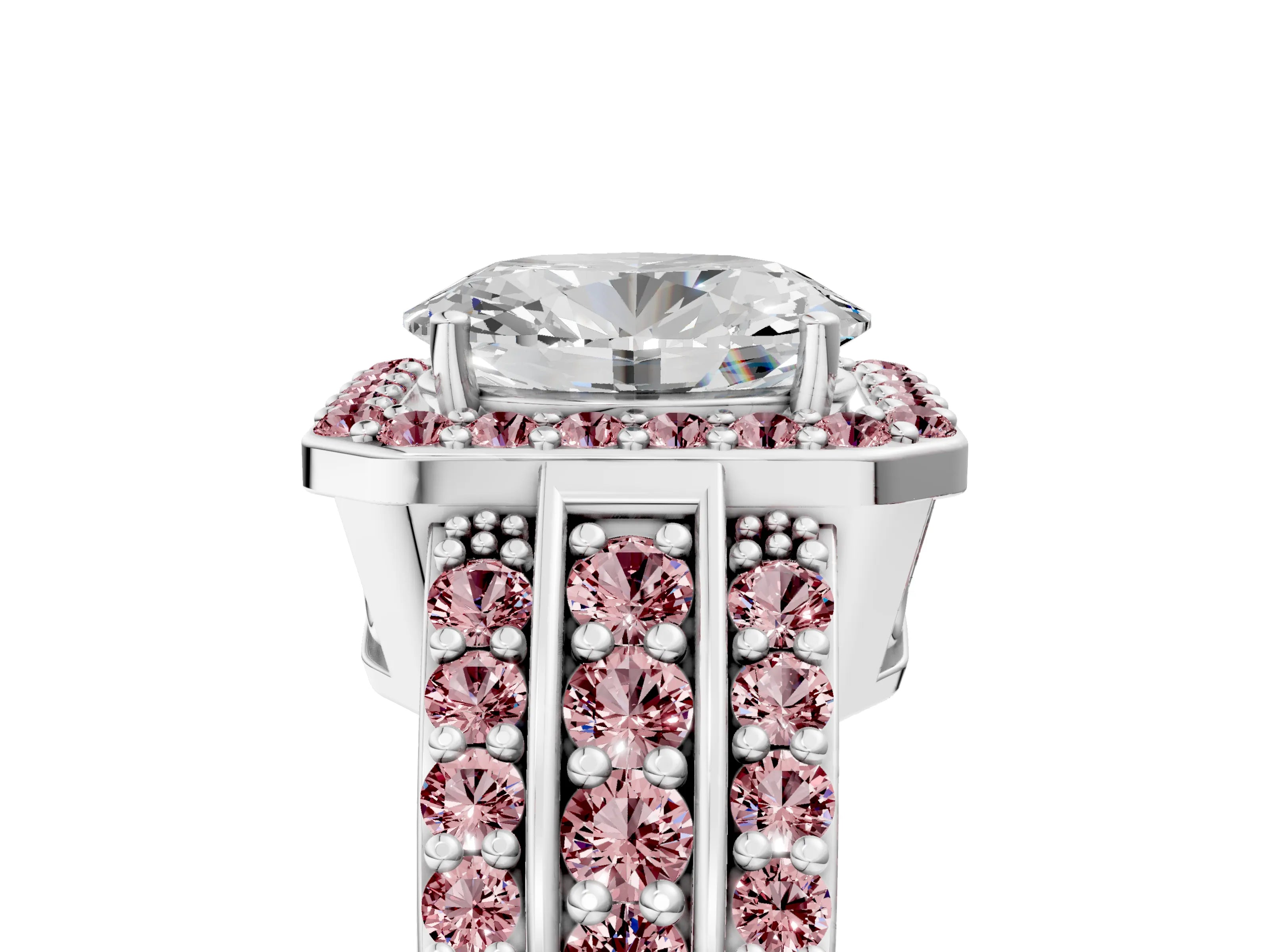 White gold Oval Cut Halo Diamond Ring with Round with Morganite side stone Split Shank and Prong Setting_29