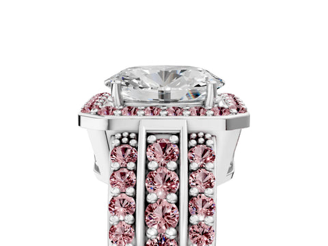 White gold Oval Cut Halo Diamond Ring with Round with Morganite side stone Split Shank and Prong Setting_29