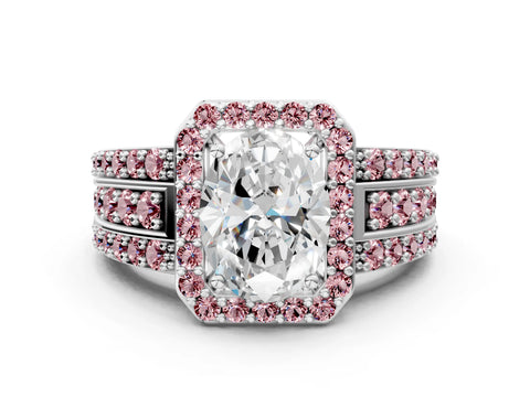 White gold Oval Cut Halo Diamond Ring with Round with Morganite side stone Split Shank and Prong Setting_48