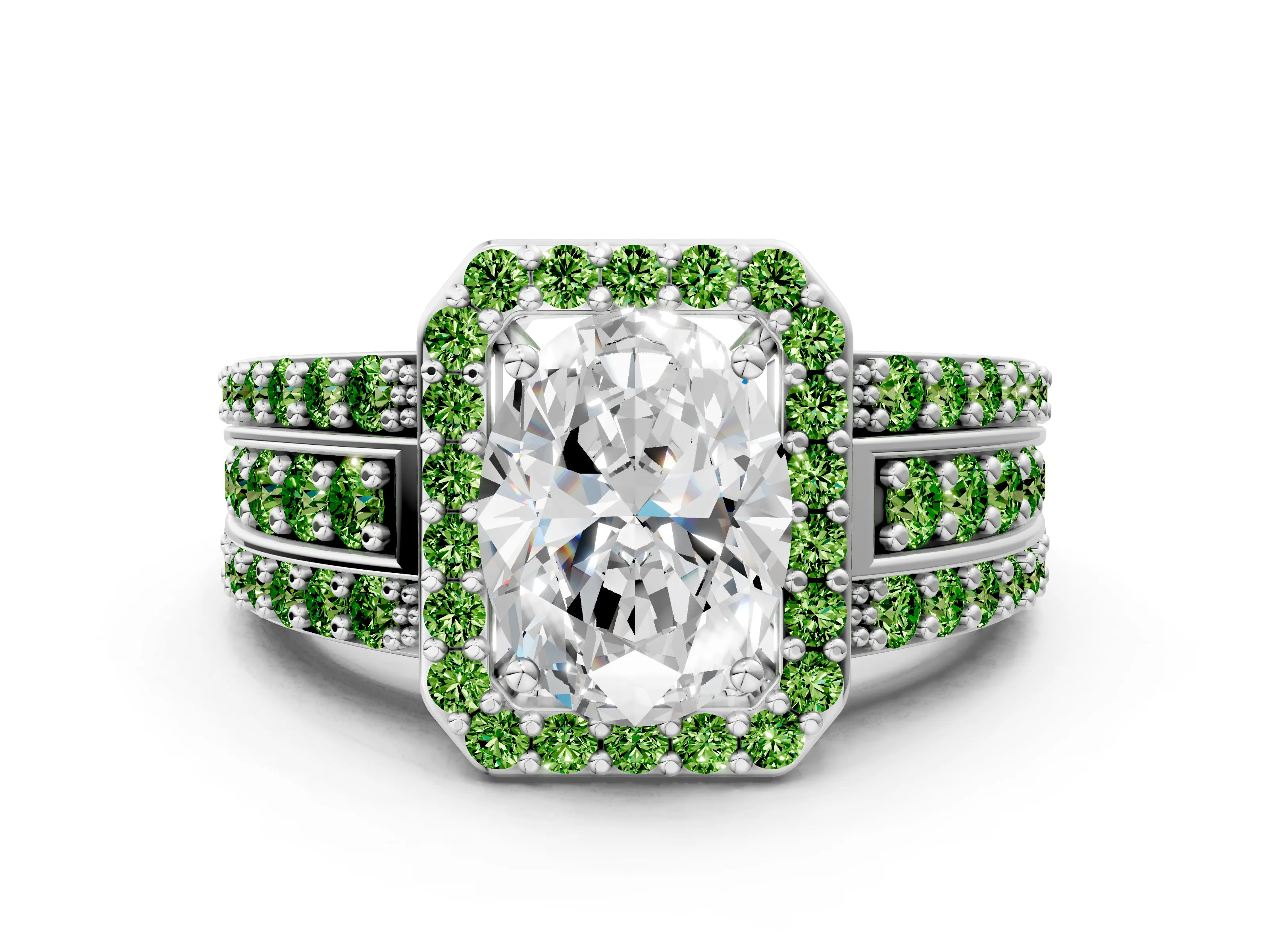 White gold Oval Cut Halo Diamond Ring with Round with Peridot side stone Split Shank and Prong Setting_12