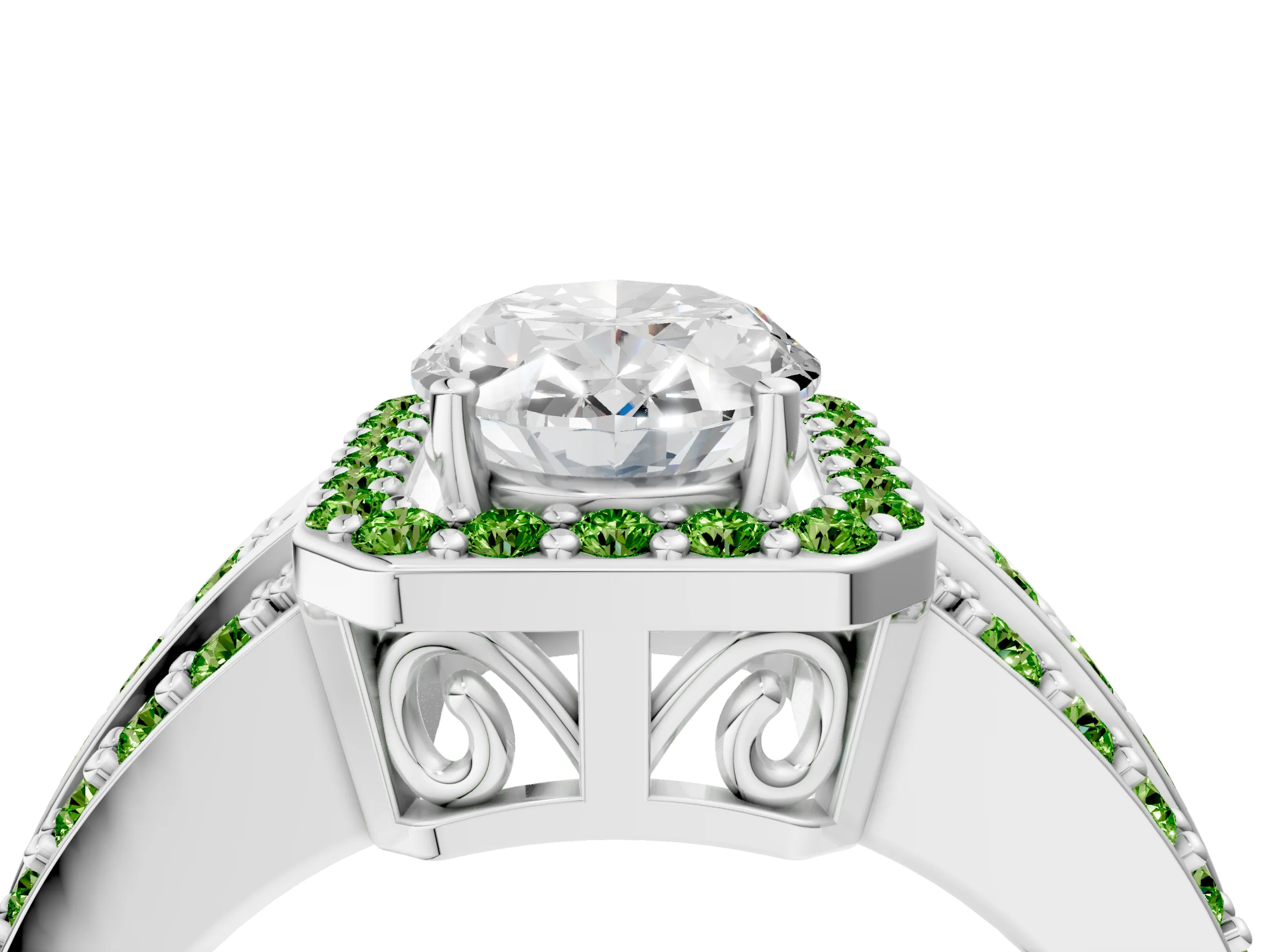 White gold Oval Cut Halo Diamond Ring with Round with Peridot side stone Split Shank and Prong Setting_16