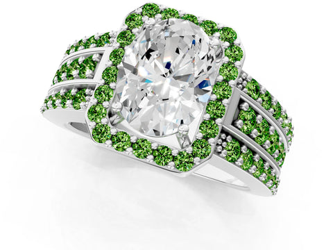 White gold Oval Cut Halo Diamond Ring with Round with Peridot side stone Split Shank and Prong Setting_1