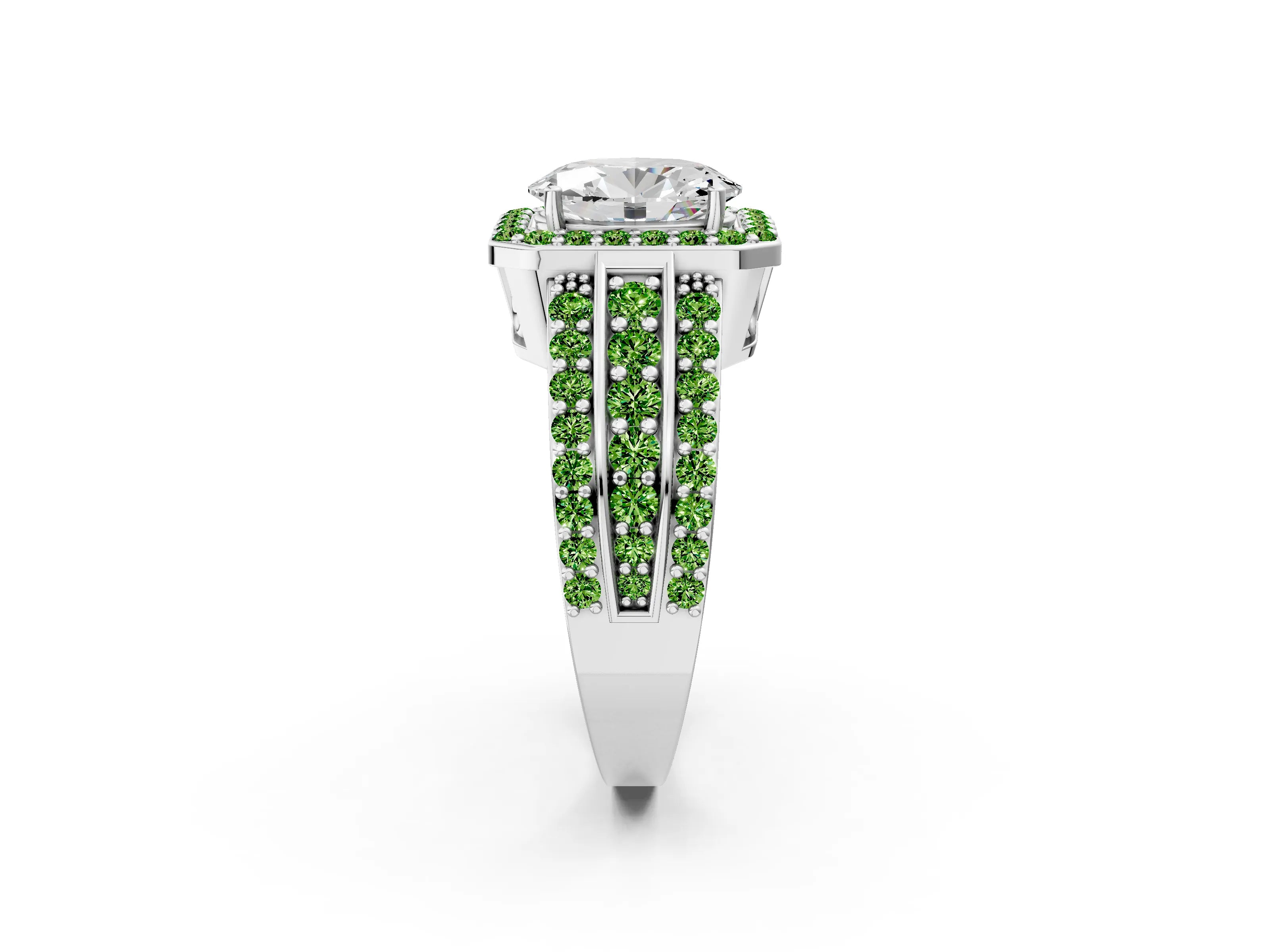 White gold Oval Cut Halo Diamond Ring with Round with Peridot side stone Split Shank and Prong Setting_2