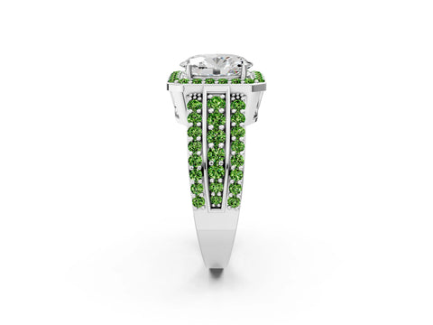 White gold Oval Cut Halo Diamond Ring with Round with Peridot side stone Split Shank and Prong Setting_2