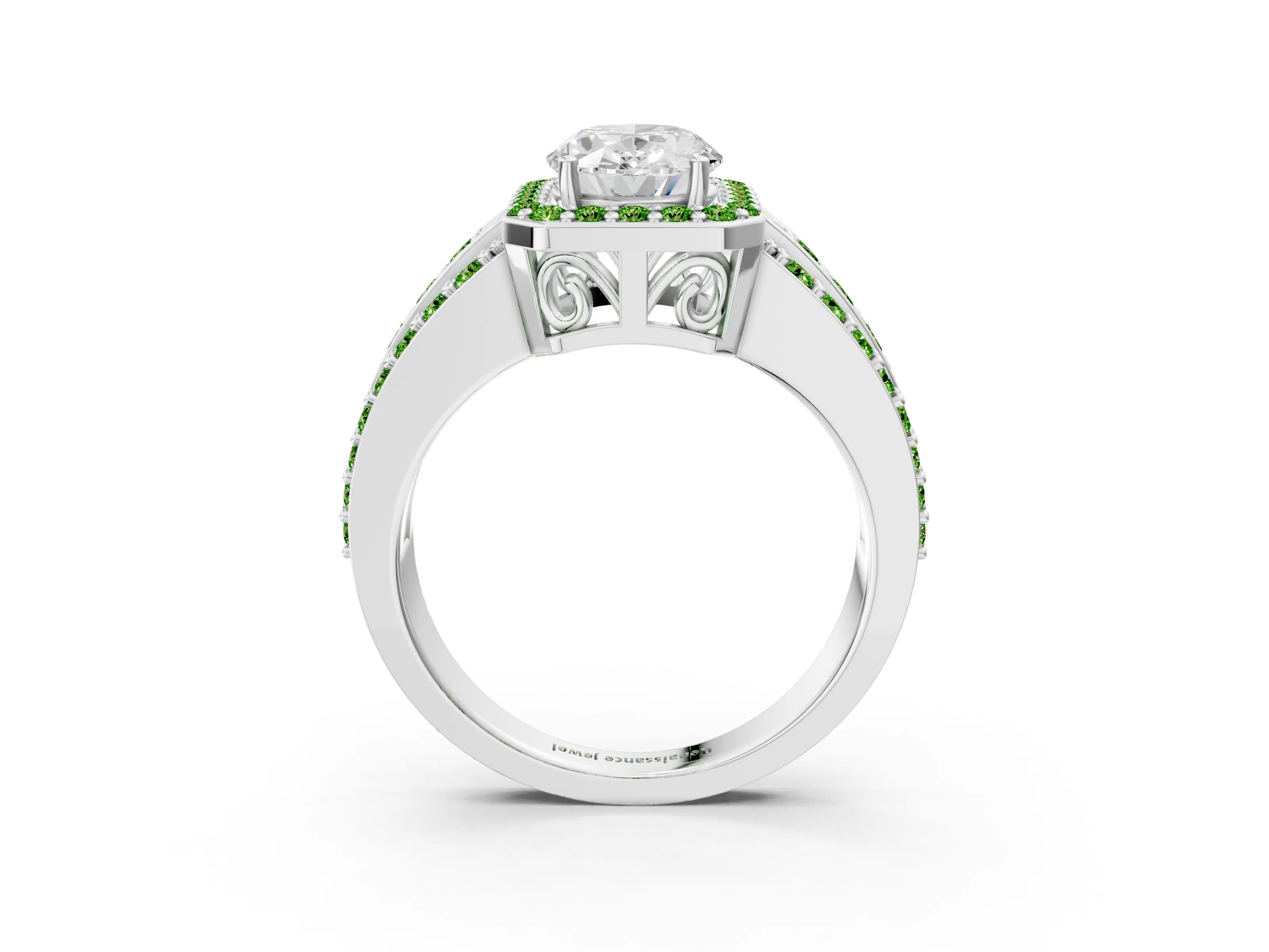 White gold Oval Cut Halo Diamond Ring with Round with Peridot side stone Split Shank and Prong Setting_3