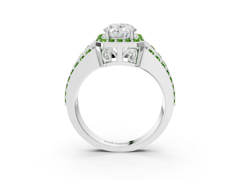 White gold Oval Cut Halo Diamond Ring with Round with Peridot side stone Split Shank and Prong Setting_3