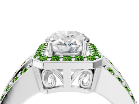 White gold Oval Cut Halo Diamond Ring with Round with Peridot side stone Split Shank and Prong Setting_4