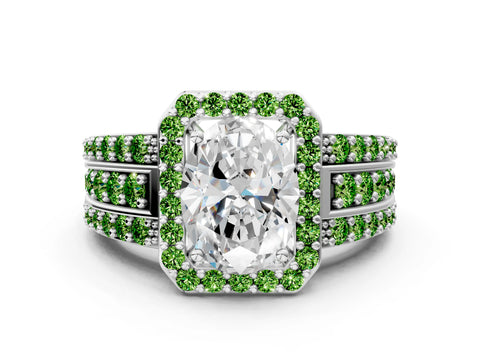 White gold Oval Cut Halo Diamond Ring with Round with Peridot side stone Split Shank and Prong Setting
