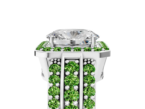 White gold Oval Cut Halo Diamond Ring with Round with Peridot side stone Split Shank and Prong Setting_5