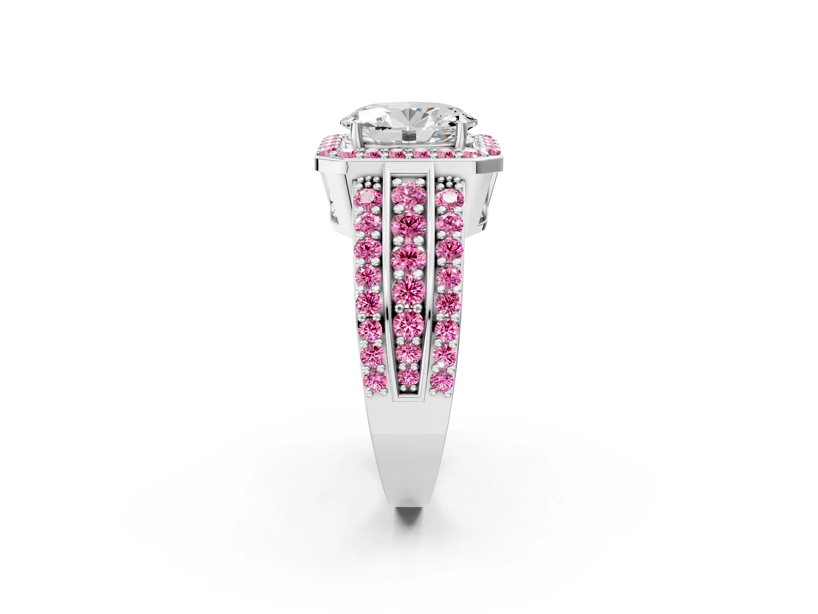 White gold Oval Cut Halo Diamond Ring with Round with Pink Sapphire side stone Split Shank and Prong Setting_26