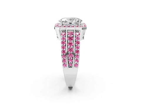 White gold Oval Cut Halo Diamond Ring with Round with Pink Sapphire side stone Split Shank and Prong Setting_26