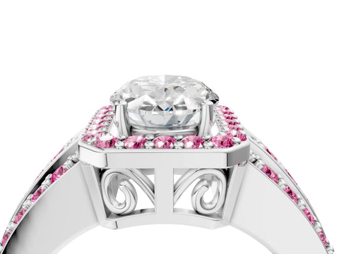White gold Oval Cut Halo Diamond Ring with Round with Pink Sapphire side stone Split Shank and Prong Setting_28