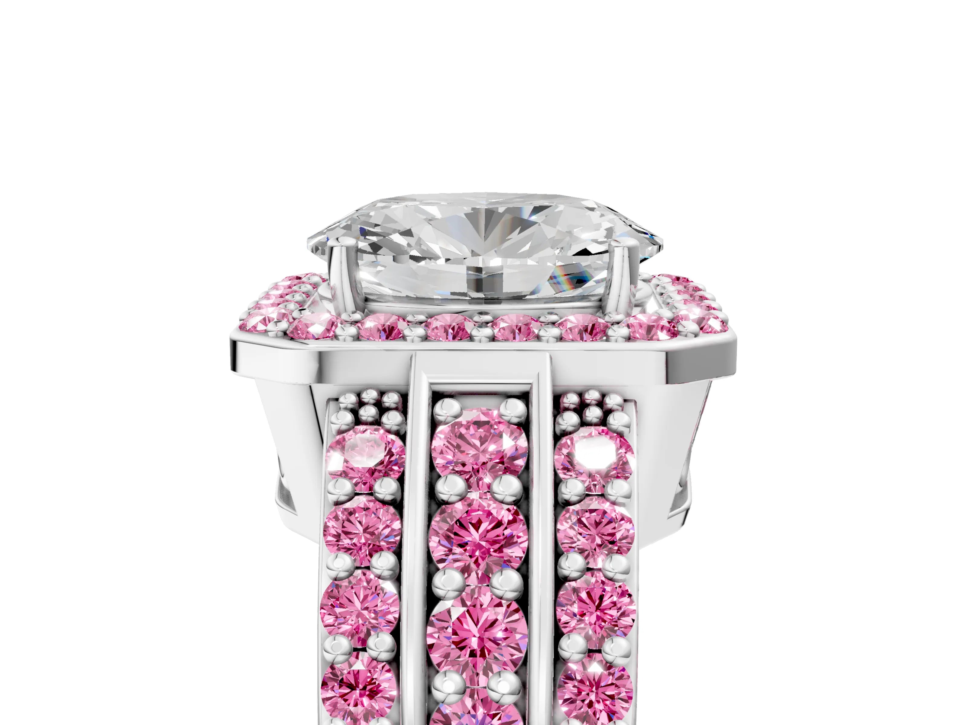White gold Oval Cut Halo Diamond Ring with Round with Pink Sapphire side stone Split Shank and Prong Setting_29