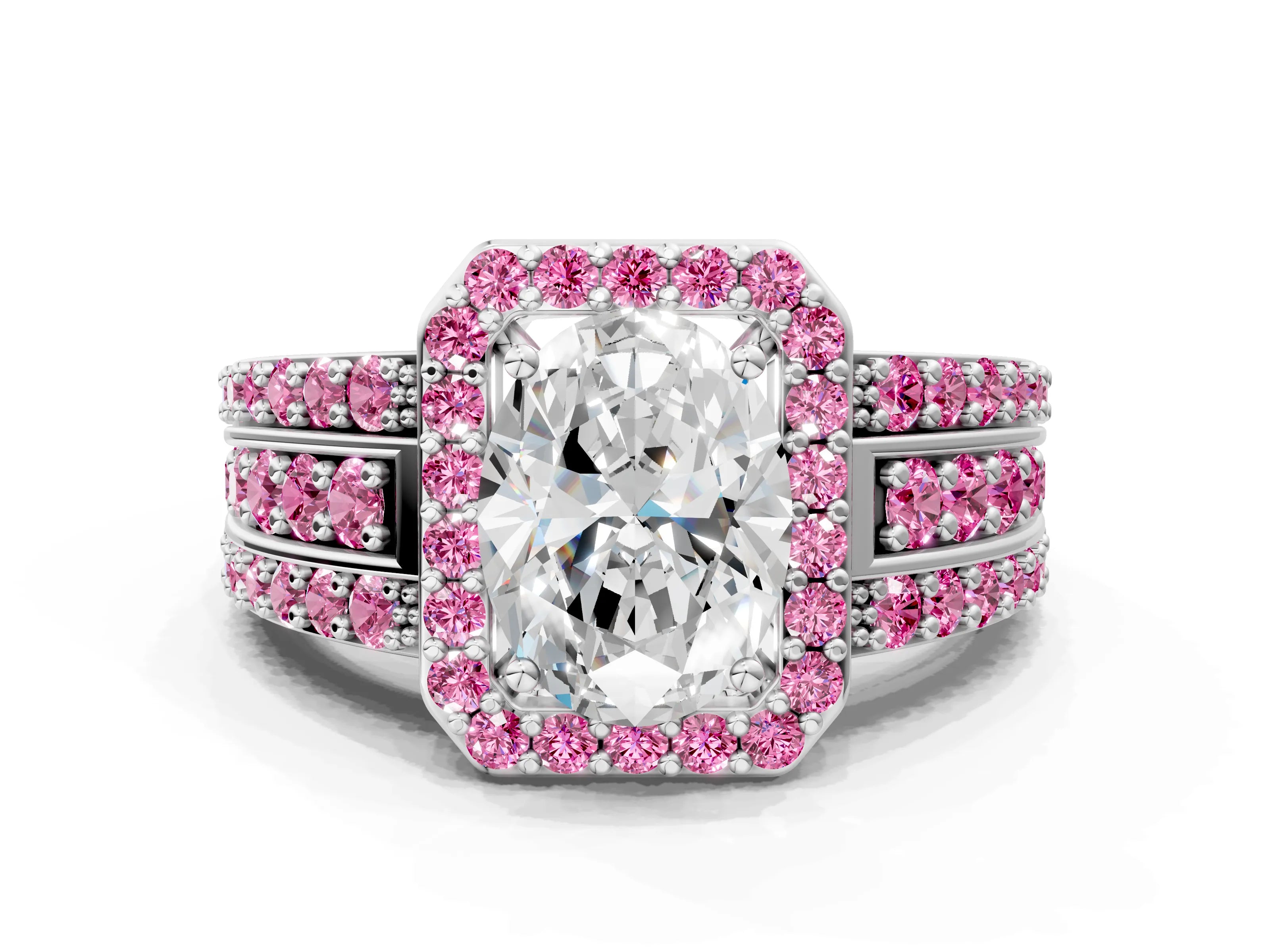 White gold Oval Cut Halo Diamond Ring with Round with Pink Sapphire side stone Split Shank and Prong Setting_36